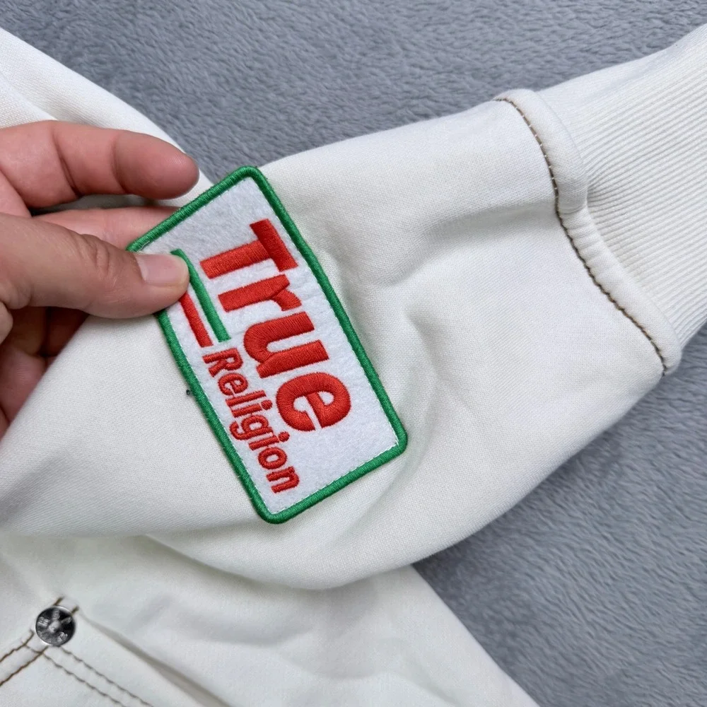 True Religion Patch Big T Zip Hoodie Off White Multi Logo World Tour Small